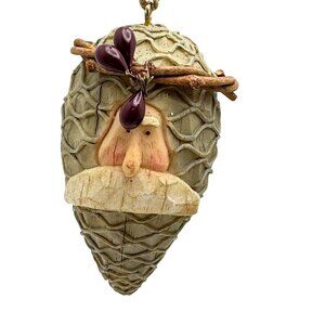 Santa Head Faux Wood Resin Acorn 3" Christmas Holiday Ornament Vtg